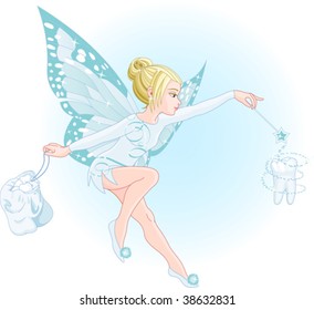 A tooth fairy with a magic wand and a bag full of teeth. All objects are separate groups