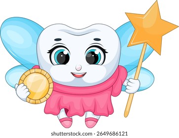 Tooth fairy with magic wand and coin vector illustration
