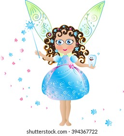 Tooth fairy with tooth, magic wand and delicate openwork wings