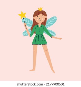 Tooth Fairy with Magic Wand. Magic Fantasy Character Design in isolated clipart in doodle, cartoon, flat style on pink background