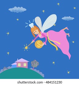 Tooth fairy with a magic wand wector illustration isolated on white background