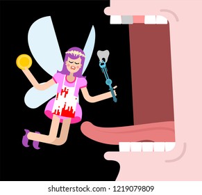 Tooth fairy in mouth. Coin exchange for tooth

