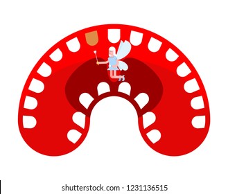 Tooth fairy in mouth. Coin exchange for tooth

