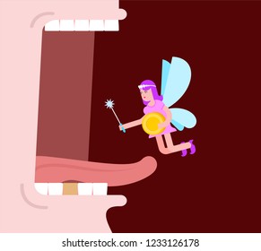 Tooth fairy in mouth. Coin exchange for tooth

