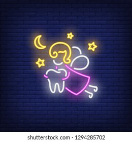 Tooth fairy neon sign. Luminous signboard with fantasy figure holding tooth. Night bright advertisement. Vector illustration in neon style for fairytale, dentistry, stomatology