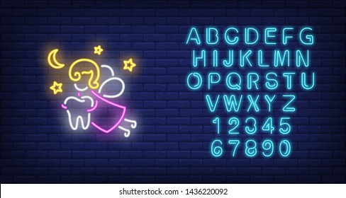 Tooth fairy neon sign. Luminous signboard with fantasy figure holding tooth. Night bright advertisement. Vector illustration in neon style for fairytale, dentistry, stomatology