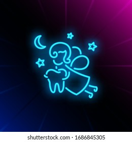 Tooth fairy neon sign. Luminous signboard with fantasy figure holding tooth. Night bright advertisement. Vector illustration in neon style for fairytale, dentistry, stomatology