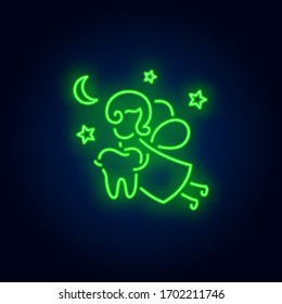 Tooth fairy neon sign. Luminous signboard with fantasy figure holding tooth. Night bright advertisement. Vector illustration in neon style for fairytale, dentistry, stomatology