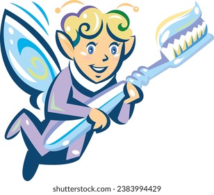 A tooth fairy in pastel colors carrying a toothbrush.