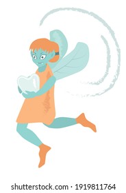 A tooth fairy in a pink dress and blue wings with a milk tooth in her hands