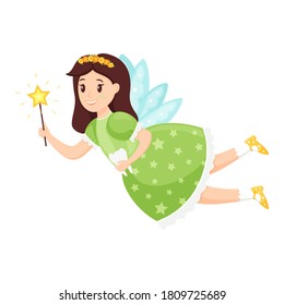 Tooth fairy, Princess with a magic wand and a tooth in her hands flying on wings.Cute cartoon character in a dress is smiling. Vector illustration for children isolated on white background.Flat style
