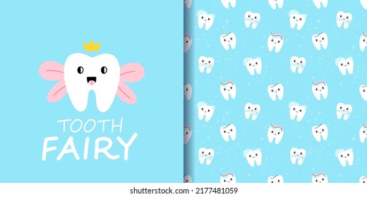Tooth Fairy print and seamless pattern. Cartoon character in crown with magic wings. Cute greeting card with hand written text, lettering for dental clinic. Decor textile, wrapping paper, vector