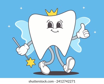 Tooth fairy in retro style. National Tooth Fairy Day Vector illustration. Vintage mascot in form of tooth with wings and magic wand