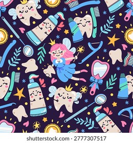 Tooth Fairy seamless vector pattern. Oral hygiene, toothbrush, toothpaste, dental mirror. Lost teeth, gum health care. Hand drawn ornament, dark cartoon background. For kids, clinics, fabric, print