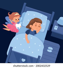 Tooth fairy and sleeping child. Cartoon girl in bed and cute flying sorceress holds baby teeth. Night room. Winged character in pink dress visits kids. Vector healthy sleep concept