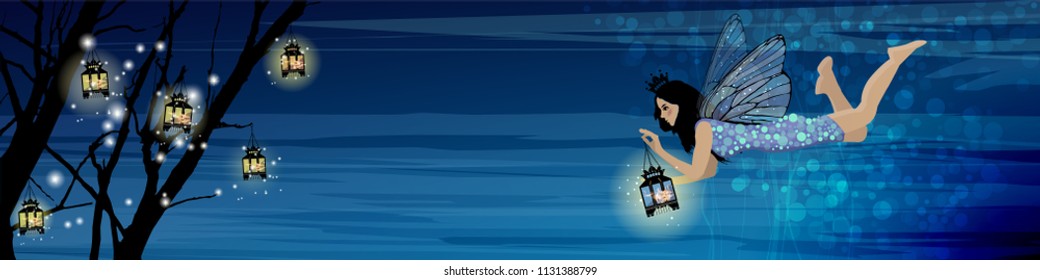 tooth Fairy. space panorama horizontal orientation. a girl with a night glowing lantern in her hands. flying on wings among trees