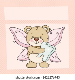 Tooth fairy teddy bear illustration with blank sign