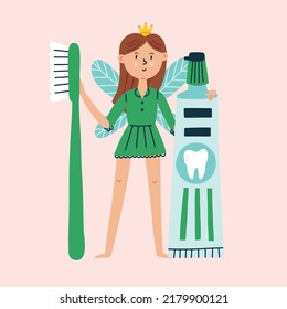Hada dental con cepillo de dientes y pasta dental. Diseño de carácter mágico en clipart aislado en doodle, dibujos animados, estilo plano sobre fondo rosa