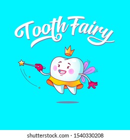 Tooth fairy uses a magic wand. Сomic style with contour. Decoration for greeting cards, posters, patches, prints for clothes, emblems. Modern flat style thin line vector illustration.