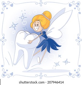 Tooth Fairy Vector Cartoon - Vector cartoon of Tooth Fairy carrying a big tooth. File type: vector EPS AI8 compatible. Compatible gradients (radial and linear), no transparencies.  