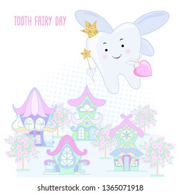 Tooth fairy. Vector cartoon illustration. Stylized tooth. Fabulous city on the background