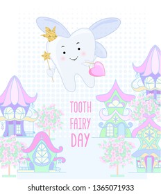 Tooth fairy. Vector cartoon illustration. Stylized tooth. Fabulous city on the background