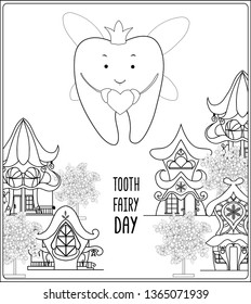 Tooth fairy. Vector cartoon illustration. Stylized tooth.  Outline hand drawing vector illustration.  Coloring page for the coloring book. 