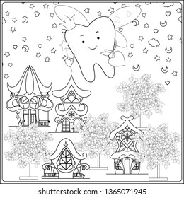 Tooth fairy. Vector cartoon illustration. Stylized tooth.  Outline hand drawing vector illustration.  Coloring page for the coloring book. 