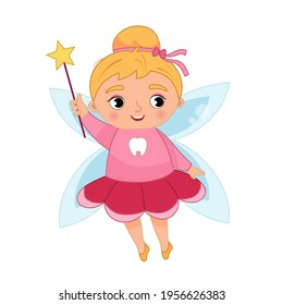 Tooth fairy vector cartoon illustration.  Cute girl with wings and magic wand.
