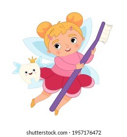 Tooth fairy vector cartoon illustration.  Cute girl with wings and magic wand.
