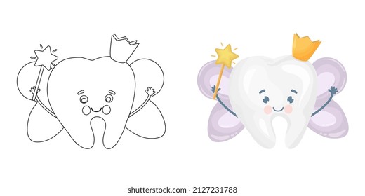 Tooth fairy. Vector cartoon illustration. Stylized tooth. Outline hand drawing vector illustration. Coloring page for the coloring book.