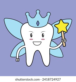 Tooth Fairy Vector Cartoon Illustration. Cute Tooth Fairy Wearing Crown and Holding a Star Magic Wand Vector Illustration Outline Ilustration.