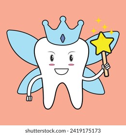 Tooth Fairy Vector Cartoon Illustration. Cute Tooth Fairy Wearing Crown and Holding a Star Magic Wand Vector Illustration Outline Ilustration.