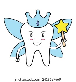 Tooth Fairy Vector Cartoon Illustration. Cute Tooth Fairy Wearing Crown and Holding a Star Magic Wand Vector Illustration Outline Ilustration.