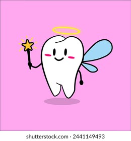 Tooth fairy vector cartoon illustration. Cute children tooth fairy with wings, an angel crown and a magic wand.