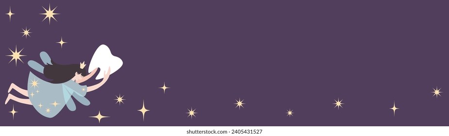 Tooth fairy vector flat long banner. Cute oral dental hygiene character. Kids health care concept.
