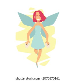 Tooth Fairy Vector Poster for Children Dentist Office. Magic creature from fairy tales fly and hold teeth in her hands, front view cartoon vector illustration.