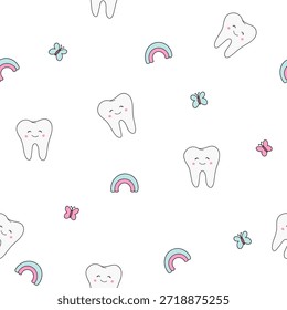 Patrón sin fisuras del Vector de hadas del diente con el arco iris lindo de los dientes y las flores para el diseño dental de la odontología del Vector de los niños