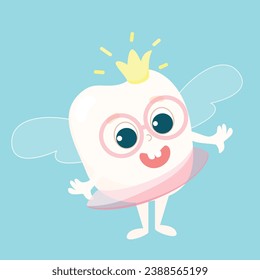 Tooth Fairy. A very cute tooth with wings, a crown and a magic wand. Illustration in children's style.