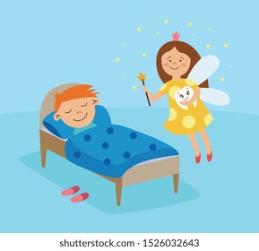 Tooth fairy visiting a sleeping boy, fantasy girl in a crown flying in the room with magic wand, smiling and holding a tooth, dental health visual lesson - flat hand drawn cartoon vector illustration