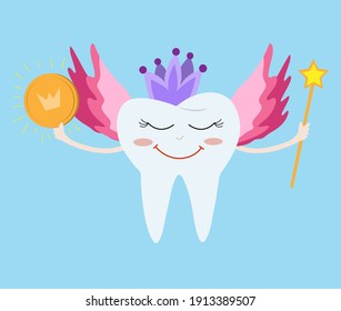 Tooth fairy wearing crown and holding a star magic wand and coin. The tooth fairy smiles and flies to give the coin. The tooth fairy collects children's teeth. National tooth fairy day