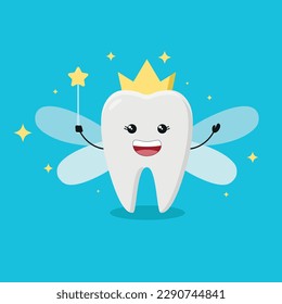 Tooth fairy wearing crown and holding a star magic wand. Cute greeting card for Tooth Fairy Day as funny smiling cartoon character with golden glitter crown, wings.