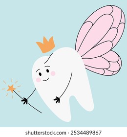 Tooth fairy wearing crown and holding a star magic wand. Happy Tooth Fairy Day.