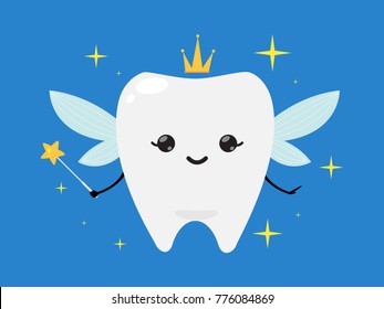 Tooth fairy wearing crown and holding a star magic wand