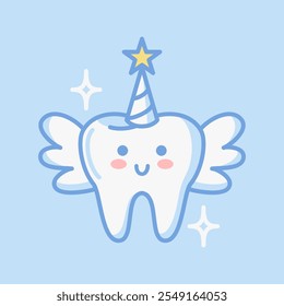 Tooth fairy with wings. Cute cartoon character in kawaii style. Vector illustration, flat style. For sticker, books, design element. Medical brochure template.