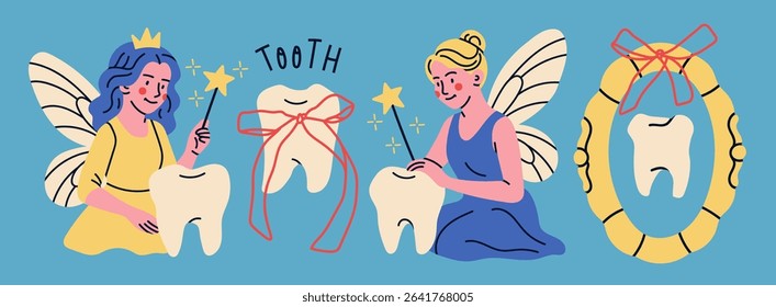Tooth fairy with wings, magic wand. Teeth with ribbon, frame. Сute magic character. Hand drawn Vector illustration. Isolated design elements. Medical cabinet, children dentist, tooth lost concept