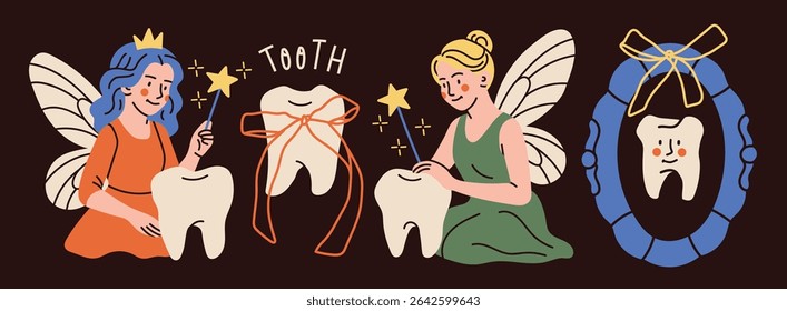 Tooth fairy with wings, magic wand. Teeth with ribbon, frame. Сute magic character. Hand drawn Vector illustration. Isolated design elements. Medical cabinet, children dentist, tooth lost concept