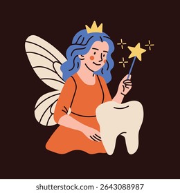 Tooth fairy with wings, magic wand, big tooth. Сute magic character. Hand drawn Vector illustration. Isolated design element. Medical cabinet, children dentist, first tooth lost concept