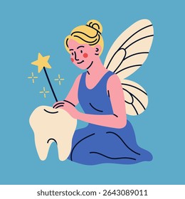 Tooth fairy with wings, magic wand, big tooth. Сute magic character. Hand drawn Vector illustration. Isolated design element. Medical cabinet, children dentist, first tooth lost concept