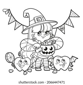 Tooth Fairy In A Witch Costume And Teeth In A Vampire Costume  Trick-or-treat Outlined For Coloring On A White Background